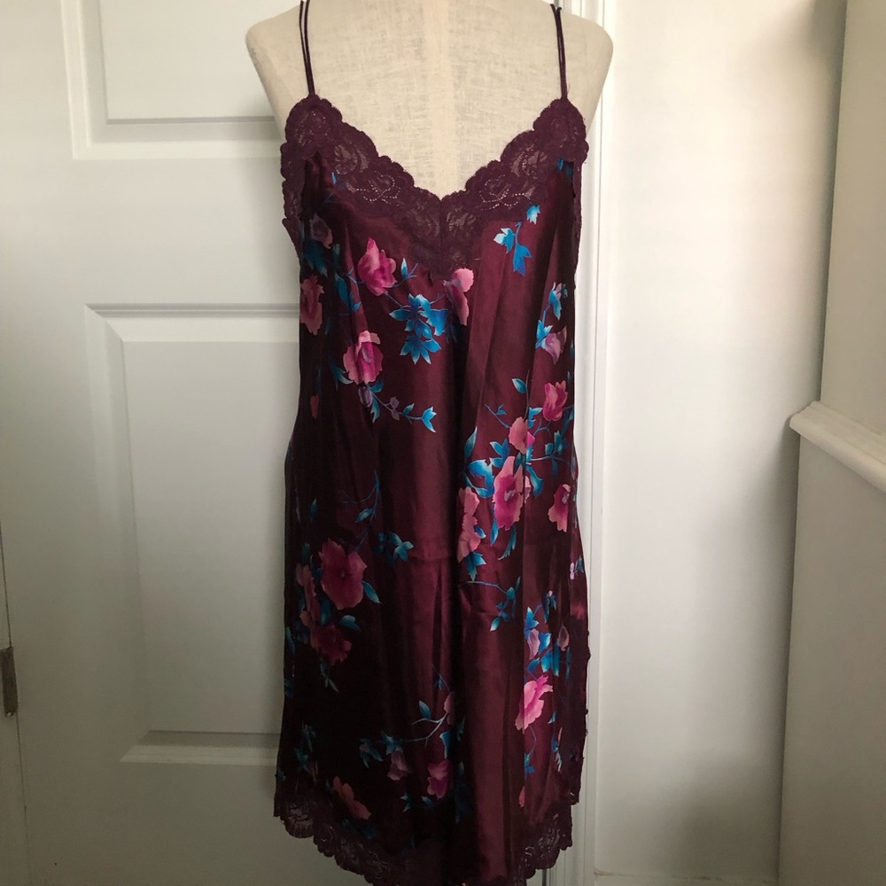 Valerie Stevens Silk-Feel Burgundy Floral Lace Trim Slip Nightgown
